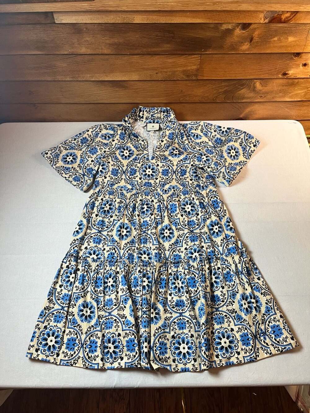 Tuckernuck Blue and White Medallion Print Ruffle Crawford Dress